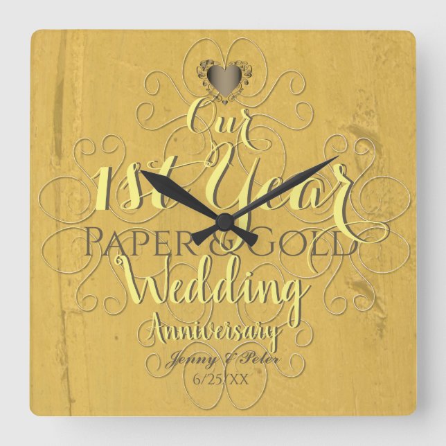Horloge Carrée 1ère année Mariage Anniversaire Papier & Or (Recto)