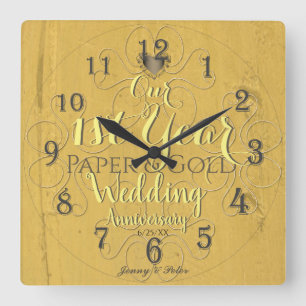 Horloge Carrée 1ère année Mariage Anniversaire Papier & Or