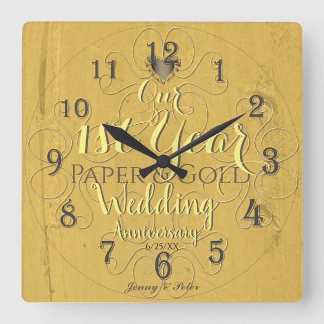 Horloge Carrée 1ère année Mariage Anniversaire Papier & Or (Recto)