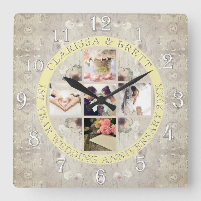 Horloge Carrée 1stYr.Wedding Anniversary Photos de Yellow Medalio (Recto)