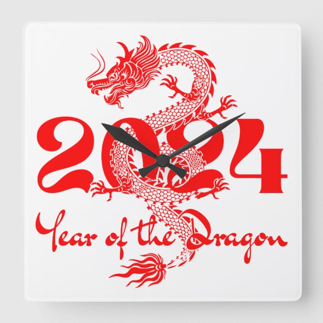 Horloge Carrée 2024 Année du Nouvel An chinois du Dragon (Recto)