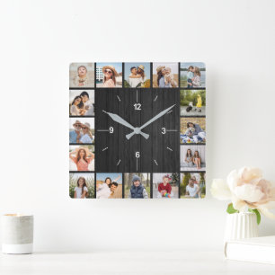 Horloge Carrée 20 Collage Photo Clôture Fausse Bois Noir Foncé