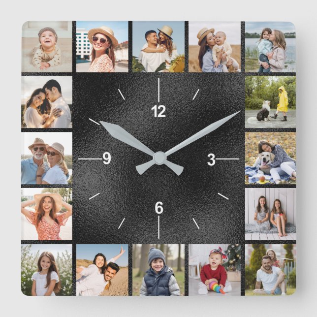 Horloge Carrée 20 Photo Collage Faux Black Brossé Métallic Foil (Recto)