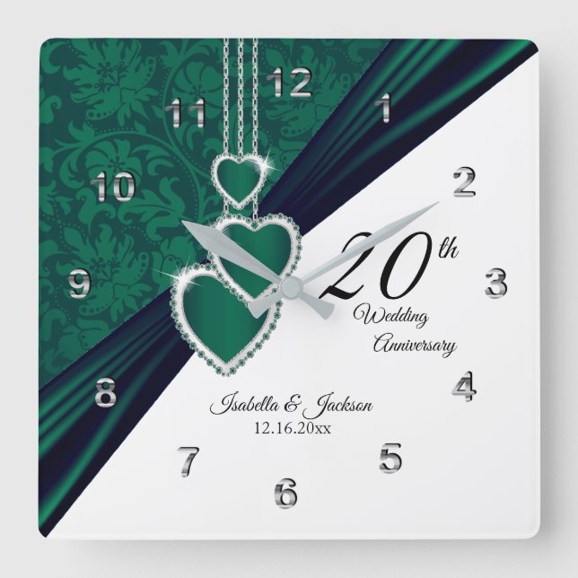 Horloge Carrée 20e anniversaire du Mariage Emeraude Keepsaké (Recto)
