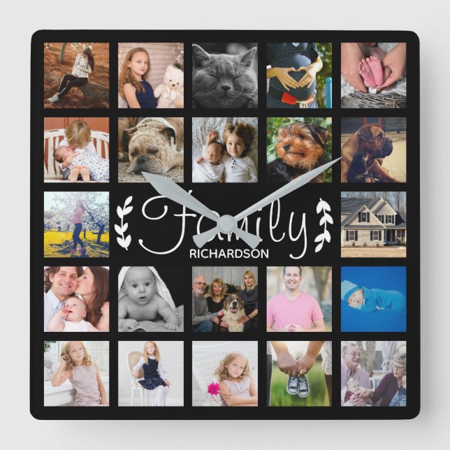 Horloge Carrée 22 Family Photo Collage & Nom (Recto)