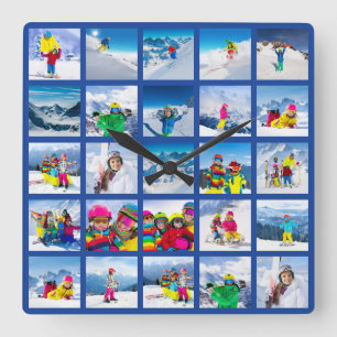 Horloge Carrée 25 Grille de Collage Bleu Foncé