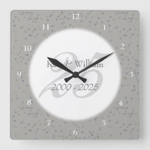 Horloge Carrée 25e Anniversaire de Mariage Argent Poussière d'Éto