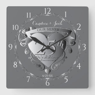 Horloge Carrée 25e anniversaire du Mariage Emblème du coeur argen