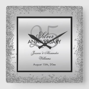 Horloge Carrée 25e anniversaire du Mariage Glitzy Silver & Black