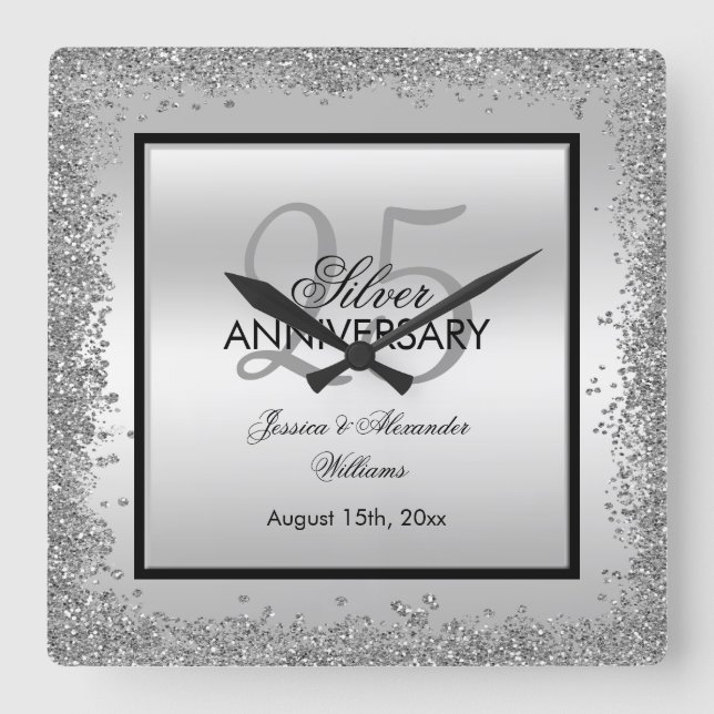 Horloge Carrée 25e anniversaire du Mariage Glitzy Silver & Black (Recto)