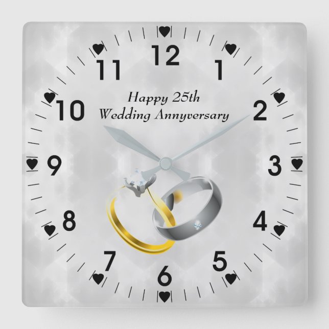 Horloge Carrée 25e Anniversaire Mariage d'argent (Recto)