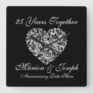 Horloge Carrée 25ème ANNIVERSAIRE ARGENTÉ d'HORLOGE FAITE SUR