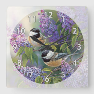 Horloge Carrée 2 mignons petits oiseaux dans un arbre