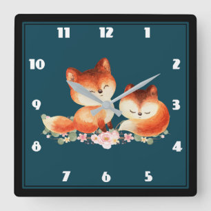 Horloge Carrée 2 mignons Petits Renards Rouges Aquarelle Design