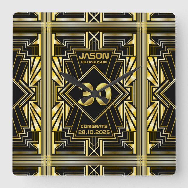 Horloge Carrée 30e anniversaire Art Déco Gold Black Great Gatsby (Recto)
