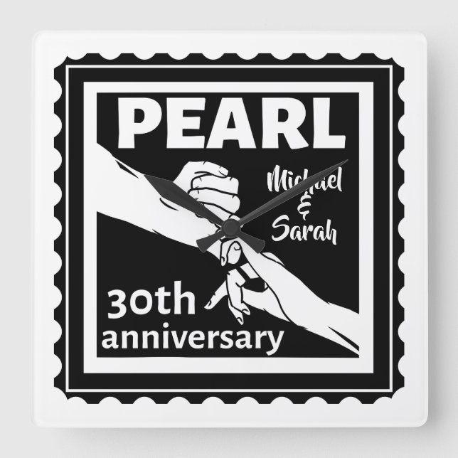 Horloge Carrée 30e anniversaire mariage noir et blanc romantique (Recto)