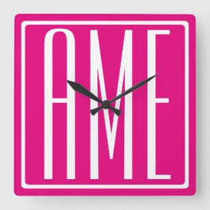 Horloge Carrée 3 Initiales Monogramme   Blanc sur rose chaud