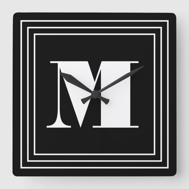 Horloge Carrée 3 monogramme de cadre | Noir et blanc (Recto)