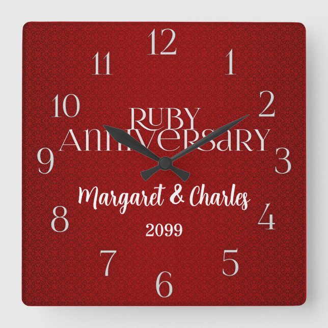Horloge Carrée 40e anniversaire du Mariage Ruby Nom (Recto)