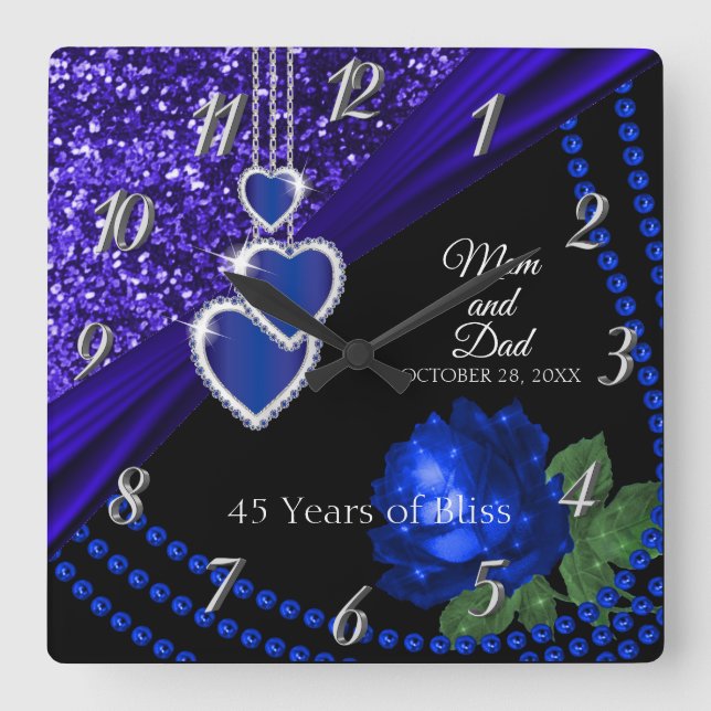 Horloge Carrée 45e anniversaire de la Parties scintillant Bleue S (Recto)