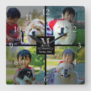 Horloge Carrée 4 Photo Collage Customisé avec Monogramme