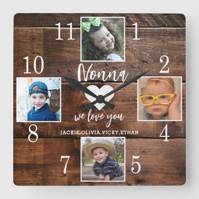 Horloge Carrée 4 Photo Rustic Brown Wood Love You Nonna Grandkids (Recto)