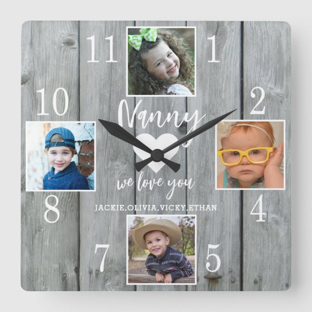 Horloge Carrée 4 Photo Rustic Grey Wood Love You Nanny Grandkids (Recto)