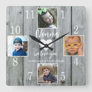 Horloge Carrée 4 Photo Rustic Grey Wood Love You Nonna Grandkids