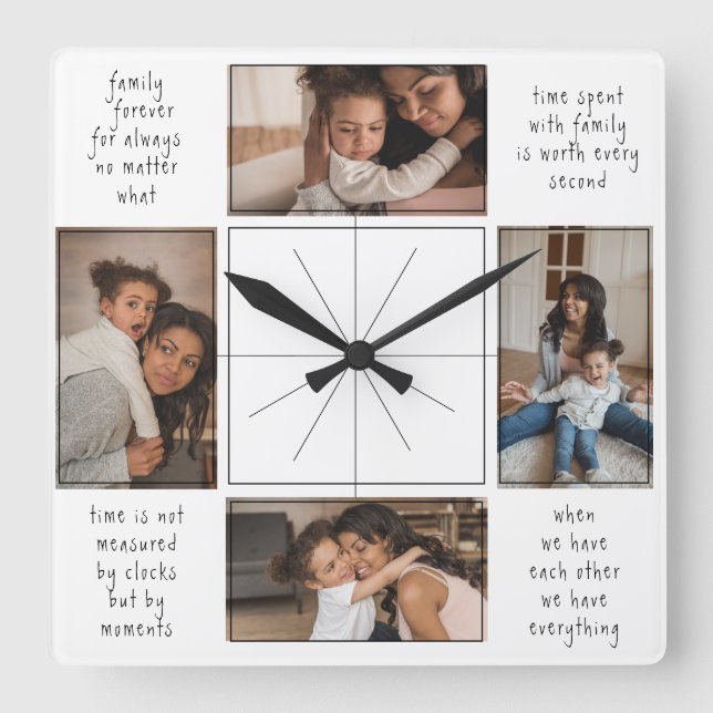 Horloge Carrée 4 Photos Collage Famille Temps Ensemble Citations (Recto)