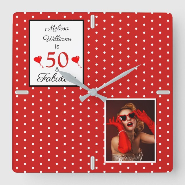 Horloge Carrée 50 et fabuleux Ajouter Photo Rouge 50e anniversair (Recto)