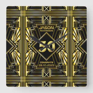 Horloge Carrée 50e anniversaire Art Déco Gold Black Great Gatsby