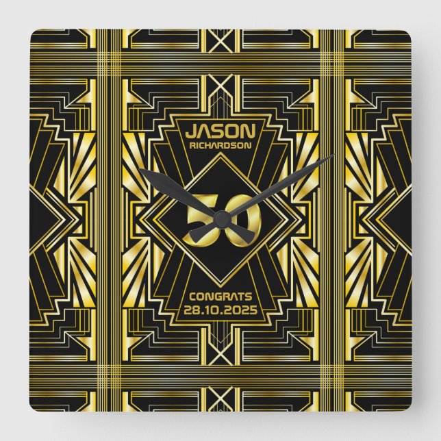 Horloge Carrée 50e anniversaire Art Déco Gold Black Great Gatsby (Recto)