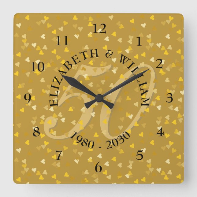 Horloge Carrée 50e anniversaire de Mariage Gold Hearts Confetti (Recto)