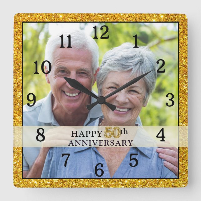 Horloge Carrée 50e Anniversaire d'or Parties scintillant photo ca (Recto)
