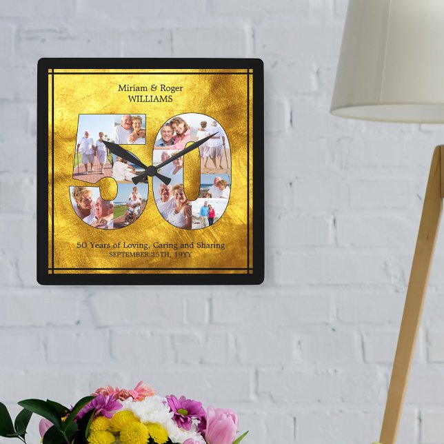 Horloge Carrée 50e anniversaire du Mariage Numéro 50 Collage phot (50th wedding anniversary clock with your photos set into a number 50 for your golden wedding)