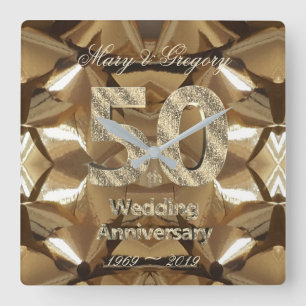Horloge Carrée 50ème anniversaire de Mariage d'or 2019 Typographi