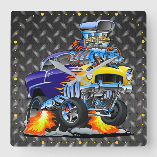 Horloge Carrée 55 Plaque Métal Diamant Damier Voiture Drôle  (Recto)