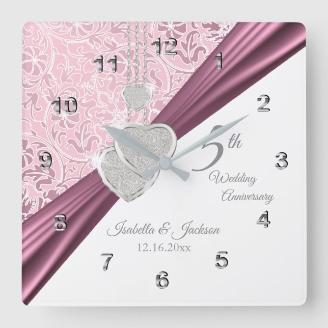Horloge Carrée 5e anniversaire de Mariage rose Keepsaké 2 (Recto)