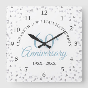 Horloge Carrée 60e Anniversaire Amour Coeurs Confetti