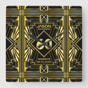 Horloge Carrée 60e anniversaire Art Déco Gold Black Great Gatsby