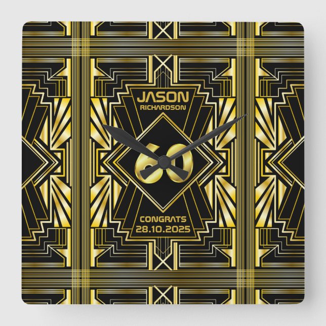 Horloge Carrée 60e anniversaire Art Déco Gold Black Great Gatsby (Recto)