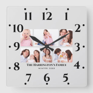 Horloge Carrée 6 sections Photo personnalisée Cadres gris minimal