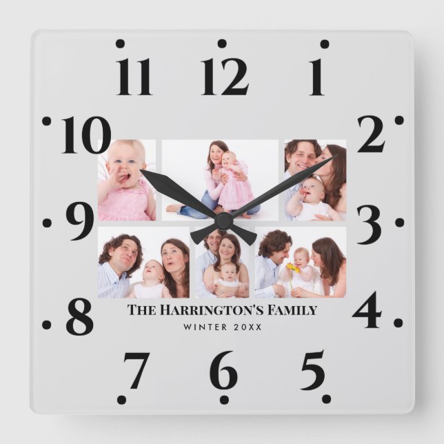 Horloge Carrée 6 sections Photo personnalisée Cadres gris minimal (Recto)