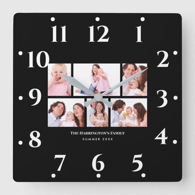 Horloge Carrée 6 sections Photo personnalisée Simple cadre noir é (Recto)