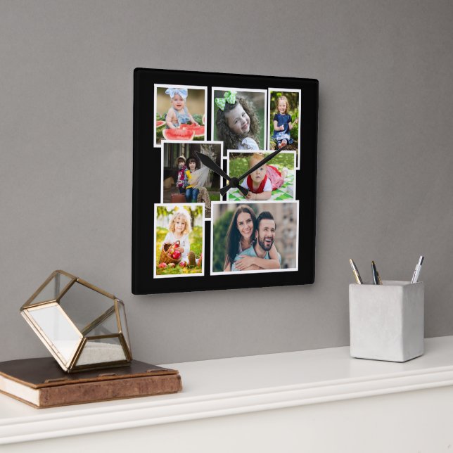 Horloge Carrée 7 Photo Collage Black Create Your Own (Bureau)