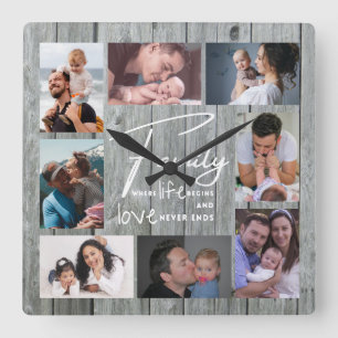 Horloge Carrée 8 Photo Collage Famille Amour Citation Grey Wood