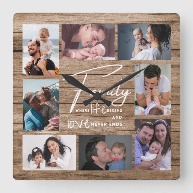 Horloge Carrée 8 Photo Collage Famille Love Citation Bois rustiqu (Recto)