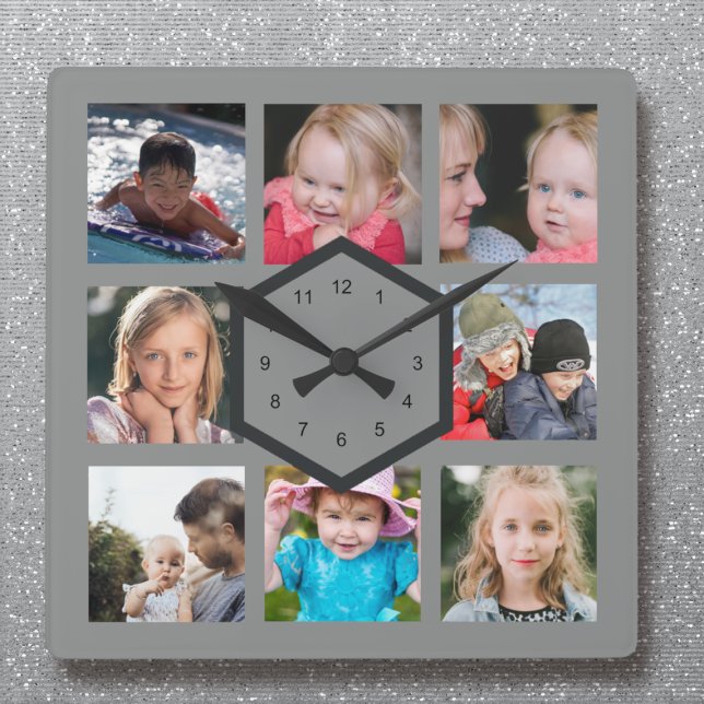 Horloge Carrée 8 Photo Collage Gray Square Wall Clock (Créateur téléchargé)