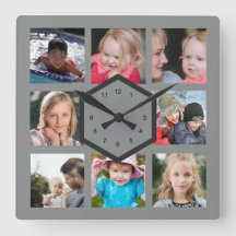 8 Photo Collage Gray Square Wall Clock