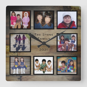 Horloge Carrée 8 Photo Family Collage on Rustic Wood